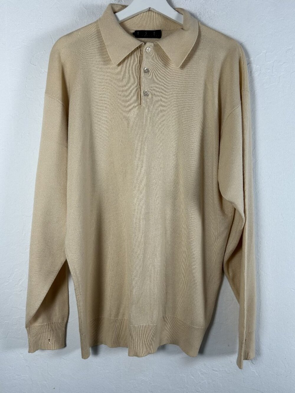 TSE Cashmere Sweater Mens Beige Long Sleeve Knit Polo Pullover Collared Casual